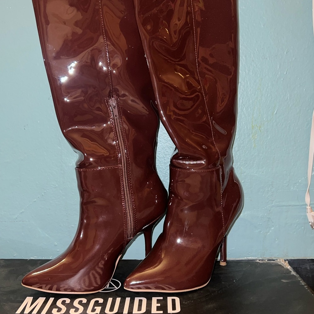Missguided Brown Heeled Boots with Glossy Finish
